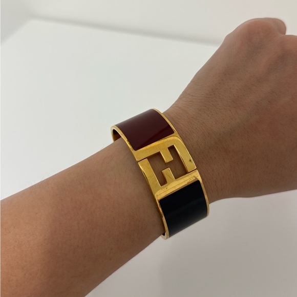 Fendi Enamel Logo Hinged Bracelet – Gold/Black/Burgundy – Size L - Picture 1 of 10
